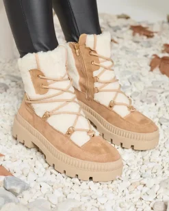 Online Beżowe botki damskie typu trapery z kożuszkiem Getatsa Trapery|Botki Z Delikatnym Ociepleniem