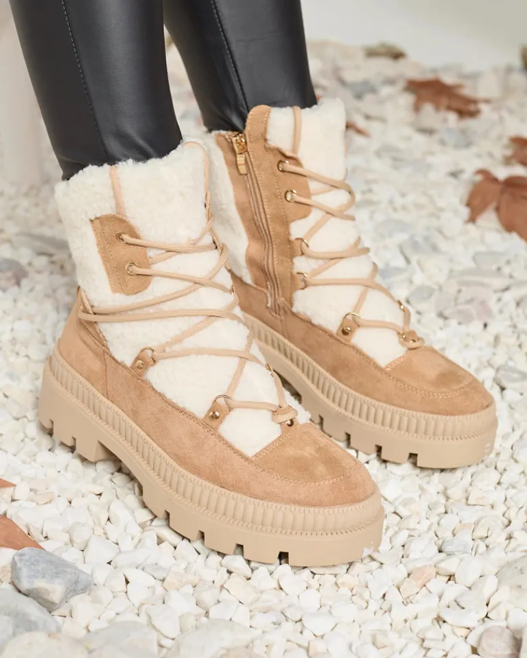 Online Beżowe botki damskie typu trapery z kożuszkiem Getatsa Trapery|Botki Z Delikatnym Ociepleniem
