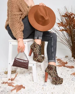 Clearance Beżowe botki damskie na wysokim słupku w panterkę Seficone Botki Bez Ocieplenia|Botki Na Platformie