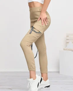 Online Beżowe damskie spodnie bojówki z paskiem Spodnie Cargo