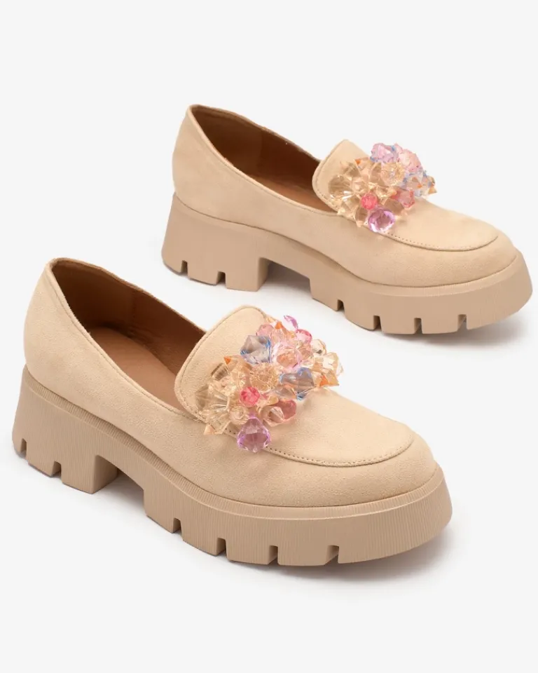 Clearance Beżowe damskie mokasyny z kolorowymi kryształkami Crystal Glam Półbuty|Mokasyny Na Płaskiej Podeszwie
