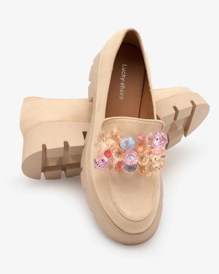 Clearance Beżowe damskie mokasyny z kolorowymi kryształkami Crystal Glam Półbuty|Mokasyny Na Płaskiej Podeszwie