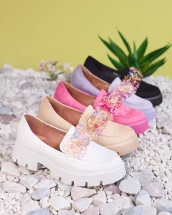 Clearance Beżowe damskie mokasyny z kolorowymi kryształkami Crystal Glam Półbuty|Mokasyny Na Płaskiej Podeszwie