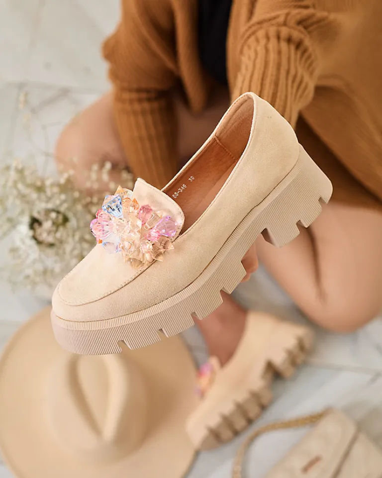 Clearance Beżowe damskie mokasyny z kolorowymi kryształkami Crystal Glam Półbuty|Mokasyny Na Płaskiej Podeszwie