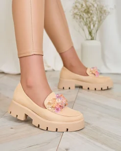 Clearance Beżowe damskie mokasyny z kolorowymi kryształkami Crystal Glam Półbuty|Mokasyny Na Płaskiej Podeszwie