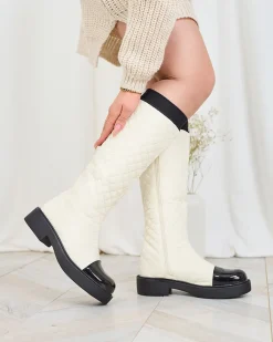 Hot Beżowe damskie kozaki pikowane Ataeb Kozaki Na Płaskim Obcasie|Kozaki Z Ociepleniem