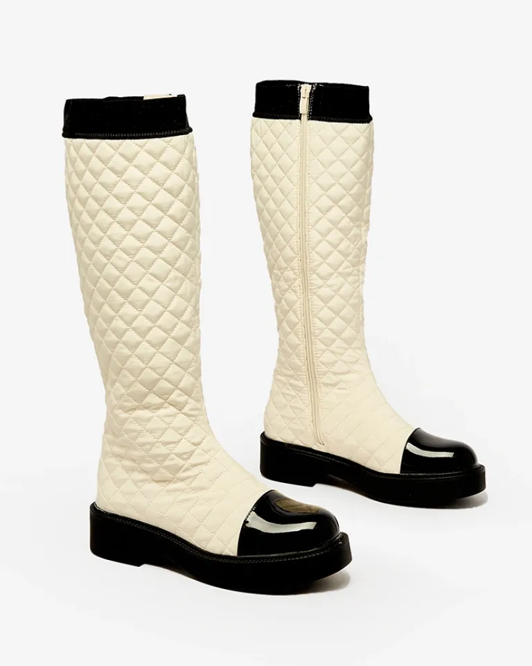 Hot Beżowe damskie kozaki pikowane Ataeb Kozaki Na Płaskim Obcasie|Kozaki Z Ociepleniem