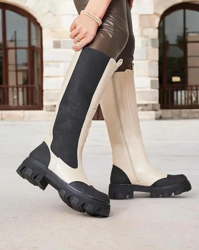 Best Beżowe damskie kozaki do połowy łydki Blyss Kozaki Na Płaskim Obcasie|Kozaki Bez Ocieplenia