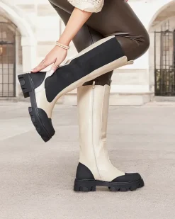 Best Beżowe damskie kozaki do połowy łydki Blyss Kozaki Na Płaskim Obcasie|Kozaki Bez Ocieplenia