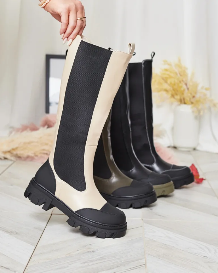 Best Beżowe damskie kozaki do połowy łydki Blyss Kozaki Na Płaskim Obcasie|Kozaki Bez Ocieplenia