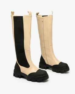 Best Beżowe damskie kozaki do połowy łydki Blyss Kozaki Na Płaskim Obcasie|Kozaki Bez Ocieplenia