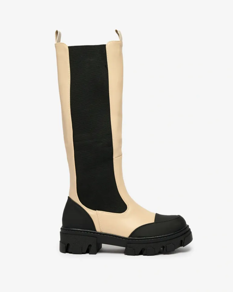 Best Beżowe damskie kozaki do połowy łydki Blyss Kozaki Na Płaskim Obcasie|Kozaki Bez Ocieplenia