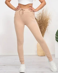 Hot Beżowe damskie spodnie dresowe z cyrkoniami Spodnie Dresowe