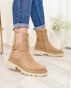 Clearance Beżowe damskie botki z ozdobnym paskiem Doasa Botki Z Delikatnym Ociepleniem|Botki Na Płaskim Obcasie