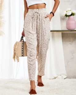Beżowe damskie bawełniane spodnie w kwiaty Plus Size|Spodnie Materiałowe
