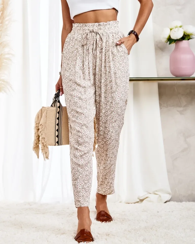 Beżowe damskie bawełniane spodnie w kwiaty Plus Size|Spodnie Materiałowe