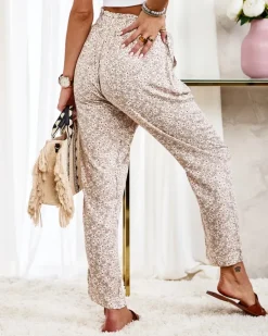 Beżowe damskie bawełniane spodnie w kwiaty Plus Size|Spodnie Materiałowe