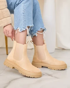 Beżowe damskie botki z ozdobnym paskiem Loffdo Botki Z Delikatnym Ociepleniem|Botki Na Płaskim Obcasie