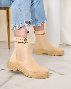 Beżowe damskie botki z ozdobnym paskiem Loffdo Botki Z Delikatnym Ociepleniem|Botki Na Płaskim Obcasie