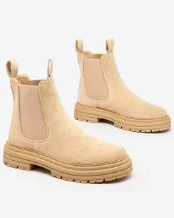 Beżowe damskie botki z ozdobnym paskiem Loffdo Botki Z Delikatnym Ociepleniem|Botki Na Płaskim Obcasie