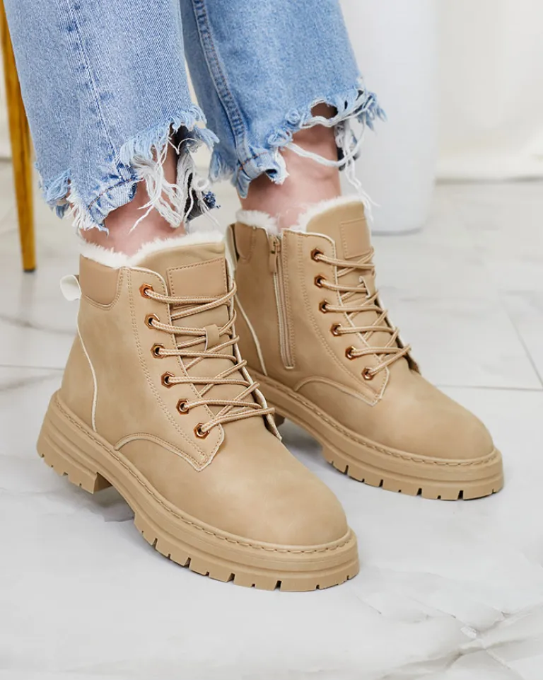 Clearance Beżowe damskie ocieplane botki typu trapery Radoras Trapery|Botki Z Delikatnym Ociepleniem