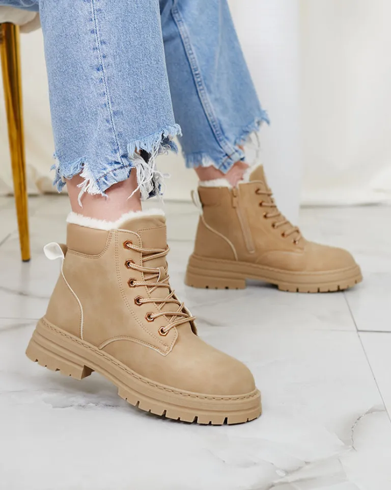 Clearance Beżowe damskie ocieplane botki typu trapery Radoras Trapery|Botki Z Delikatnym Ociepleniem