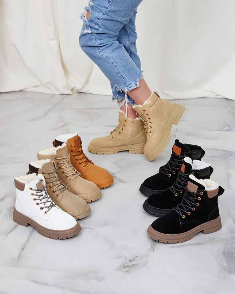 Clearance Beżowe damskie ocieplane botki typu trapery Radoras Trapery|Botki Z Delikatnym Ociepleniem