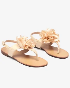Best Beżowe damskie sandałki typu japonki z kwiatkiem Nerikala Sandały Płaskie|Japonki
