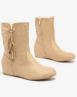New Beżowe eko - zamszowe botki na krytym koturnie Lovely Botki Z Delikatnym Ociepleniem|Botki Na Koturnie