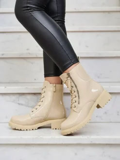 Best Beżowe eko skórzane damskie botki workery Seddaga Workery|Botki Z Delikatnym Ociepleniem