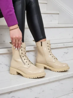 Best Beżowe eko skórzane damskie botki workery Seddaga Workery|Botki Z Delikatnym Ociepleniem