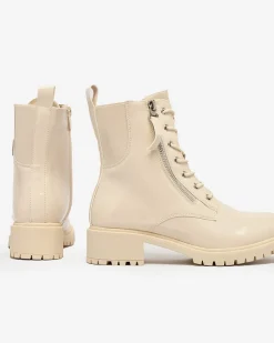 Best Beżowe eko skórzane damskie botki workery Seddaga Workery|Botki Z Delikatnym Ociepleniem