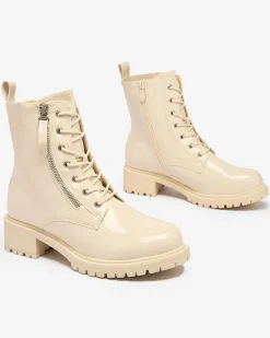 Best Beżowe eko skórzane damskie botki workery Seddaga Workery|Botki Z Delikatnym Ociepleniem