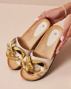 Best Beżowe klapki damskie z ozdobą Sofig Klapki Płaskie