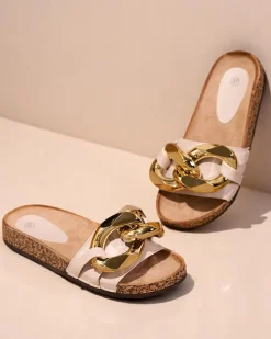 Best Beżowe klapki damskie z ozdobą Sofig Klapki Płaskie