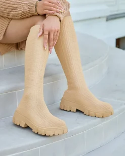 Outlet Beżowe kozaki damskie wzorzyste Helipea Kozaki Na Płaskim Obcasie|Kozaki Bez Ocieplenia