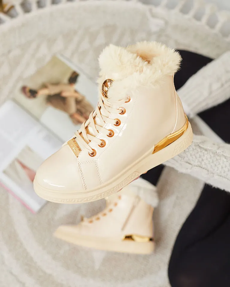 Clearance Beżowe lakierowane damskie ocieplane botki Sylnina Botki Z Grubym Ociepleniem|Botki Na Płaskim Obcasie