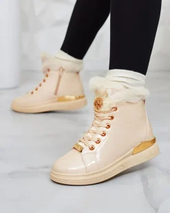 Clearance Beżowe lakierowane damskie ocieplane botki Sylnina Botki Z Grubym Ociepleniem|Botki Na Płaskim Obcasie