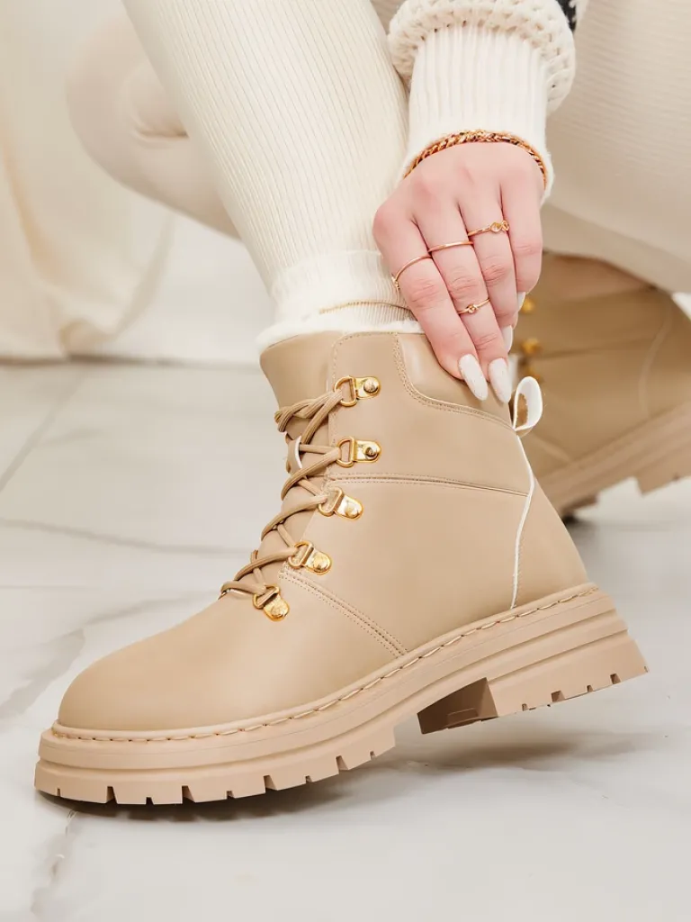 Clearance Beżowe trapery damskie Develier Trapery|Botki Z Delikatnym Ociepleniem