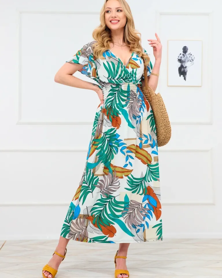 Outlet Biała damska długa sukienka z kolorowym roślinnym wzorem Sukienki Letnie|Sukienki Długie