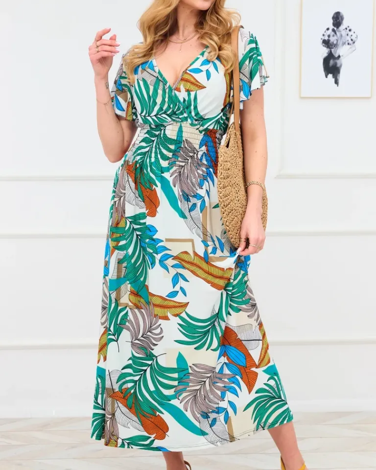 Outlet Biała damska długa sukienka z kolorowym roślinnym wzorem Sukienki Letnie|Sukienki Długie