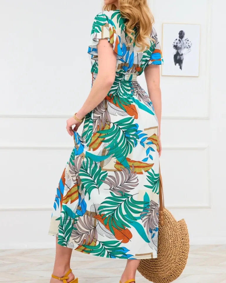 Outlet Biała damska długa sukienka z kolorowym roślinnym wzorem Sukienki Letnie|Sukienki Długie