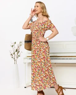 Outlet Biała sukienka damska midi we wzór w kwiaty Sukienki Letnie|Sukienki Długie