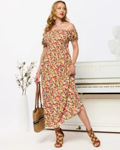 Outlet Biała sukienka damska midi we wzór w kwiaty Sukienki Letnie|Sukienki Długie