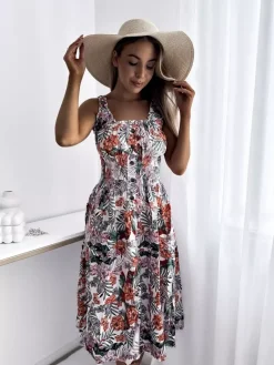 Discount Biała sukienka damska za kolano z motywem roślinnym Sukienki Letnie|Sukienki Długie