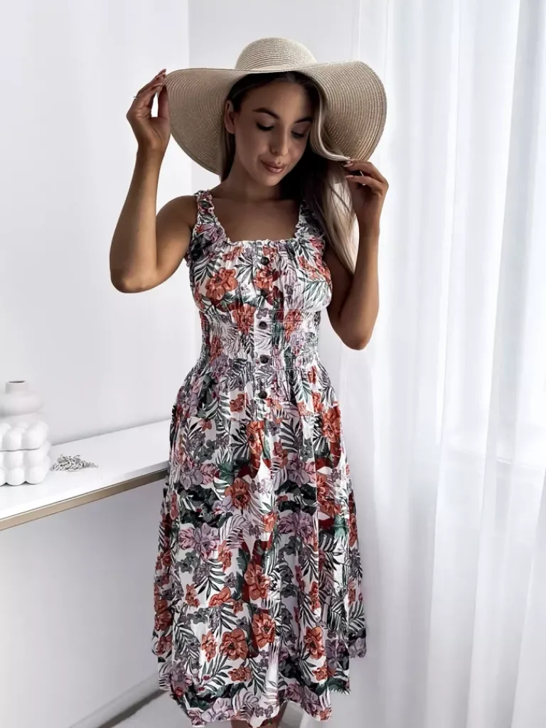 Discount Biała sukienka damska za kolano z motywem roślinnym Sukienki Letnie|Sukienki Długie