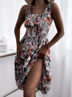 Discount Biała sukienka damska za kolano z motywem roślinnym Sukienki Letnie|Sukienki Długie