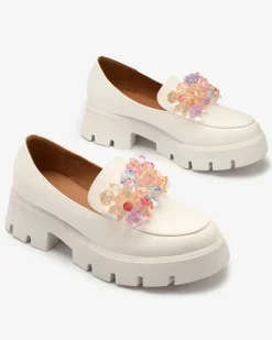 Best Białe damskie mokasyny z kolorowymi kryształkami Crystal Glam Półbuty|Mokasyny Na Płaskiej Podeszwie