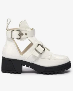 Online Białe lakierowane botki damskie z wycięciem i tłoczeniem Malevib Botki Bez Ocieplenia|Botki Na Płaskim Obcasie