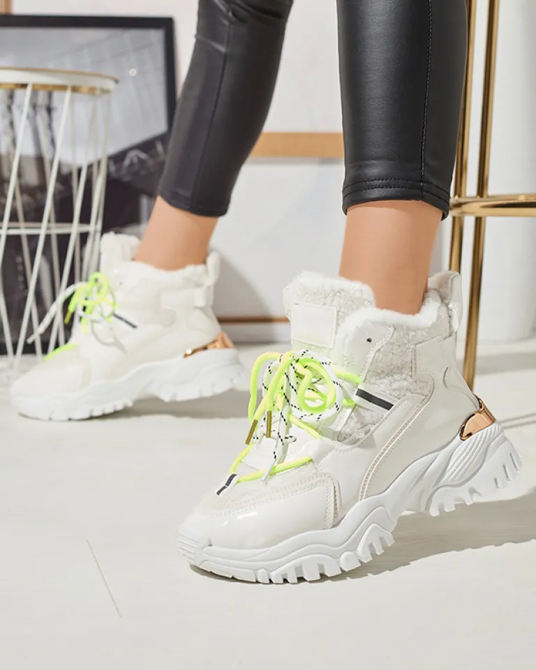 Hot Białe sportowe buty damskie z futerkiem i owymi zielonymi sznurówkami Sagglo Damskie Śniegowce|Ocieplane